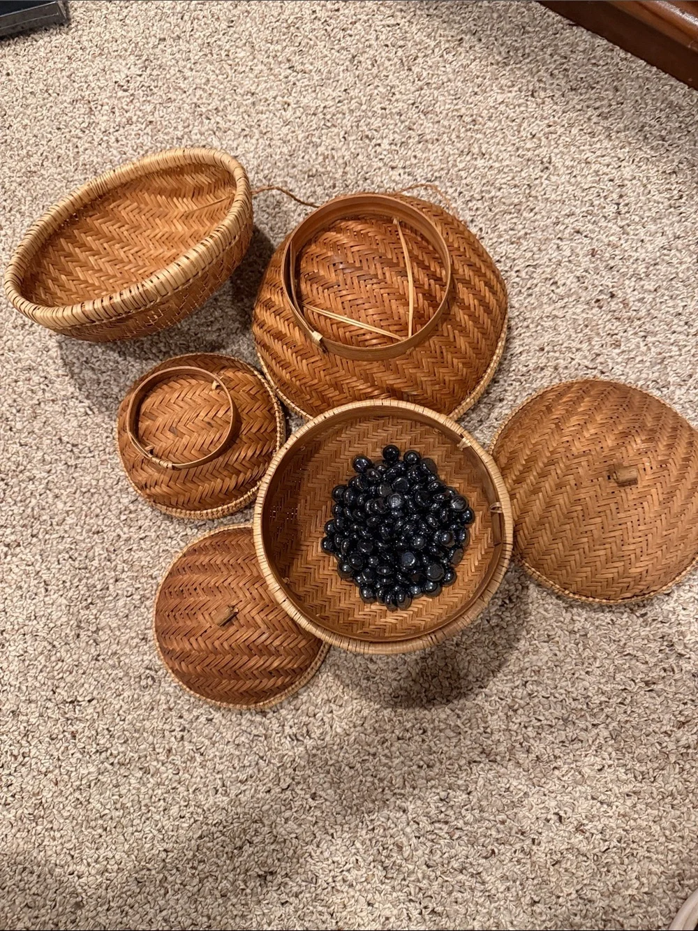 Woven Rattan Lidded Baskets Set by 3 - Natural Brown with glass black beads